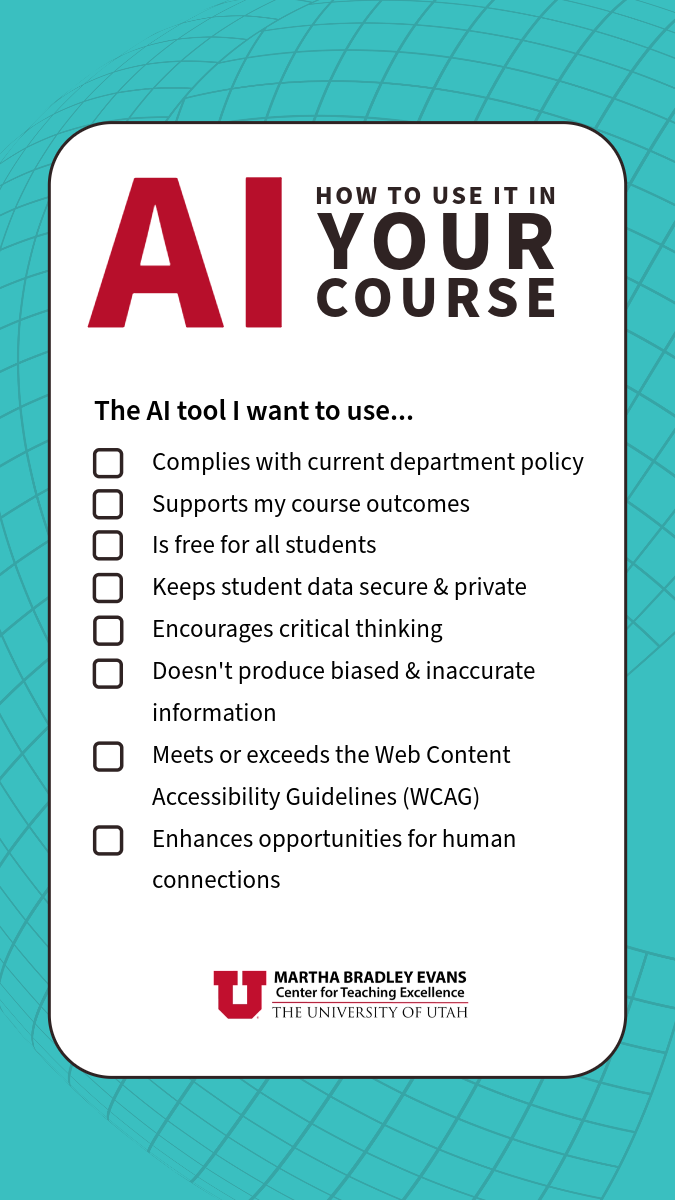 Checklist for AI use in the classroom. Contact cte@utah.edu for more details.